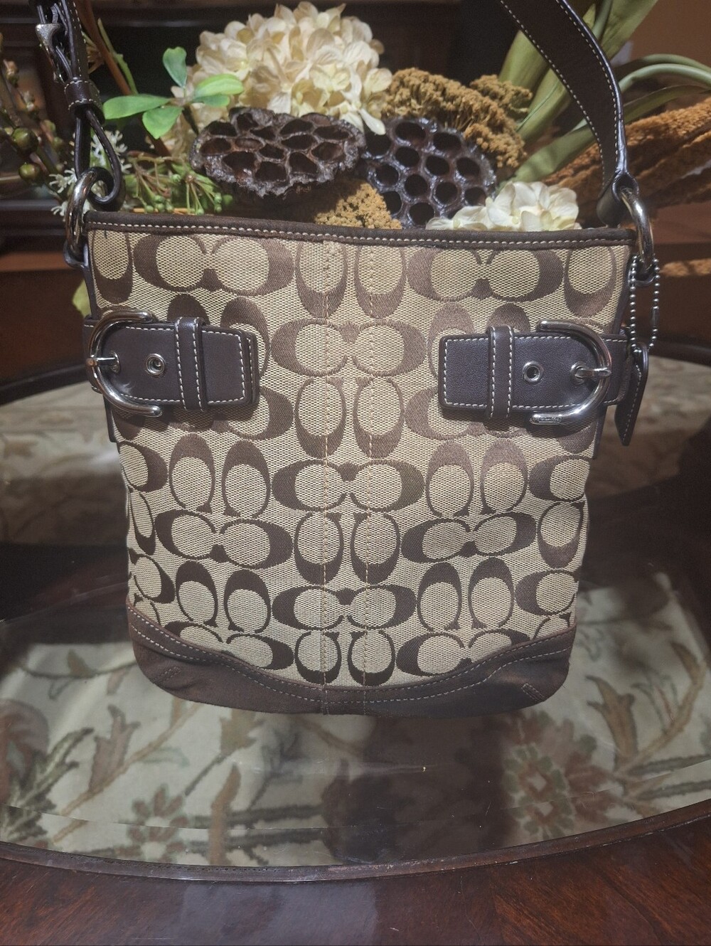 Coach Brown and Khaki Signature Canvas Shoulder Bag